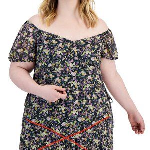 Love, Fire Trendy Plus Size Mesh Top Women's 1X Black Floral Sweetheart Neckline